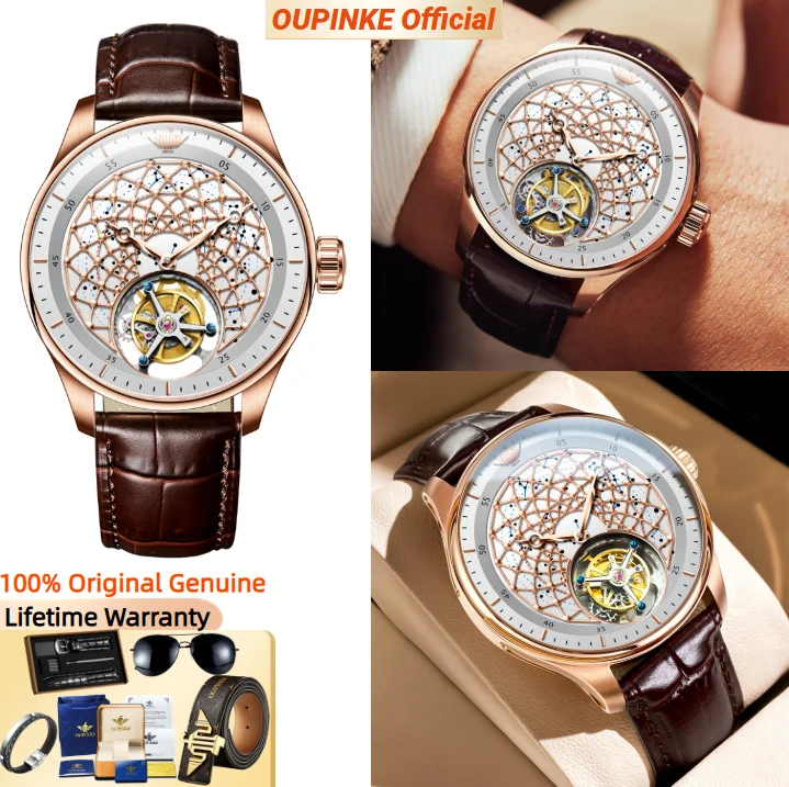 

OUPINKE Tourbillon Automatic Mechanical Men's Watch Skeleton Hollow Dial Leather Strap Waterproof Man Wristwatch 8002