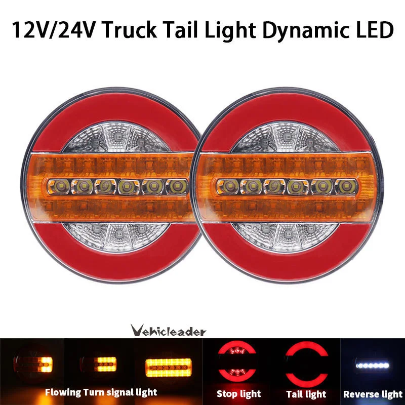 2Pcs 12V/24V Round Tail Light For Truck Trailer Sequential Dynamic Turn Signal LED Brake Reverse Lamp Van Tractor Rear Light