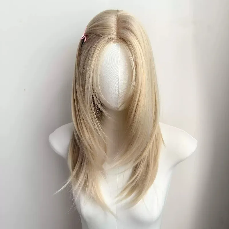 Platinum Blonde Lace Wig for Women, Long Straight Middle Part High Layer Synthetic Wig, Natural Scalp Full Head Wig