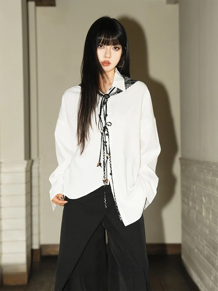 

Spring New Loose Long Sve irt with awl oulder Design Casual Sle Women's Cotton Blend irt Comfortable Fit Pure Color