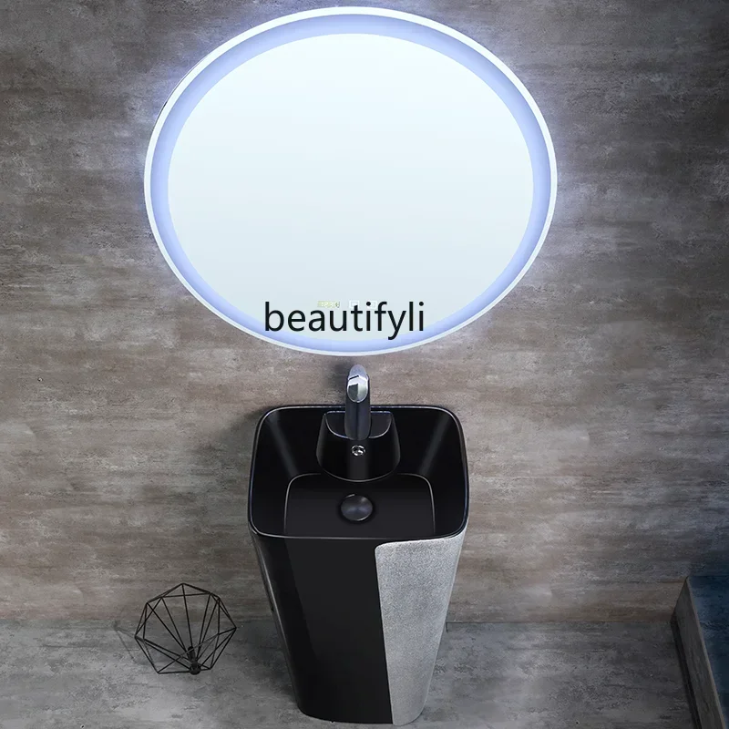 LXBlack personalized bathroom floor-to-ceiling ceramic integrated washbasin light luxury color balcony column washbasinSSS