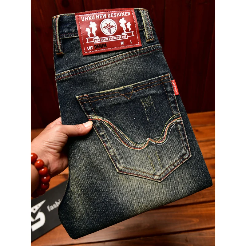 

Осень 2024, новые высококачественные мужские джинсы с эластичными, приталенными, ретро и ностальгическими модными брендовыми джинсовыми брюками