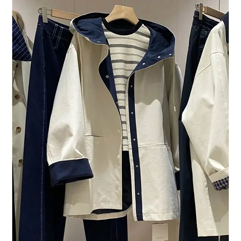 

Korean Women Hooded Casual Trench Coat Female Fashion Patchwork Outwear Spring Autumn Ladies New Long Sleeves Windbreaker Jacket