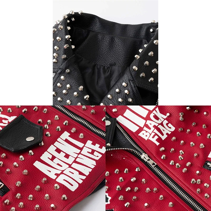 Imagem -06 - Jaqueta de Couro com Estampa Grafite Feminina e Masculina Rebites Punk Streetwear Contraste Costurado Jaquetas de Motocicleta Falsa 2023