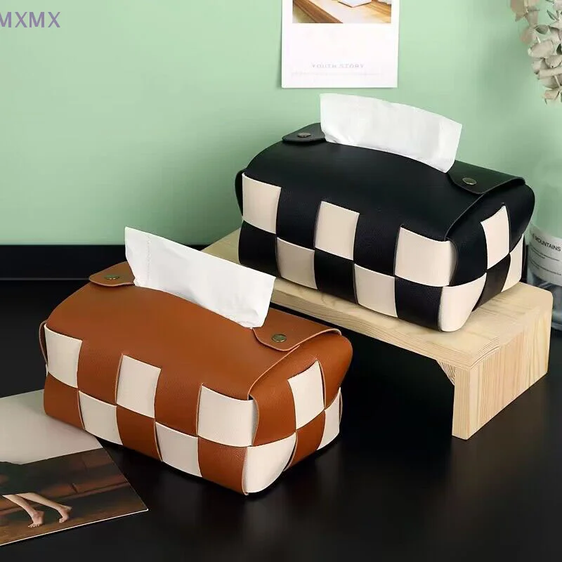 Checkerboard Woven Tissue Box PU Leather Car Napkin Case Living Room Desktop Decoration Creative Auto Paper Towel Cover