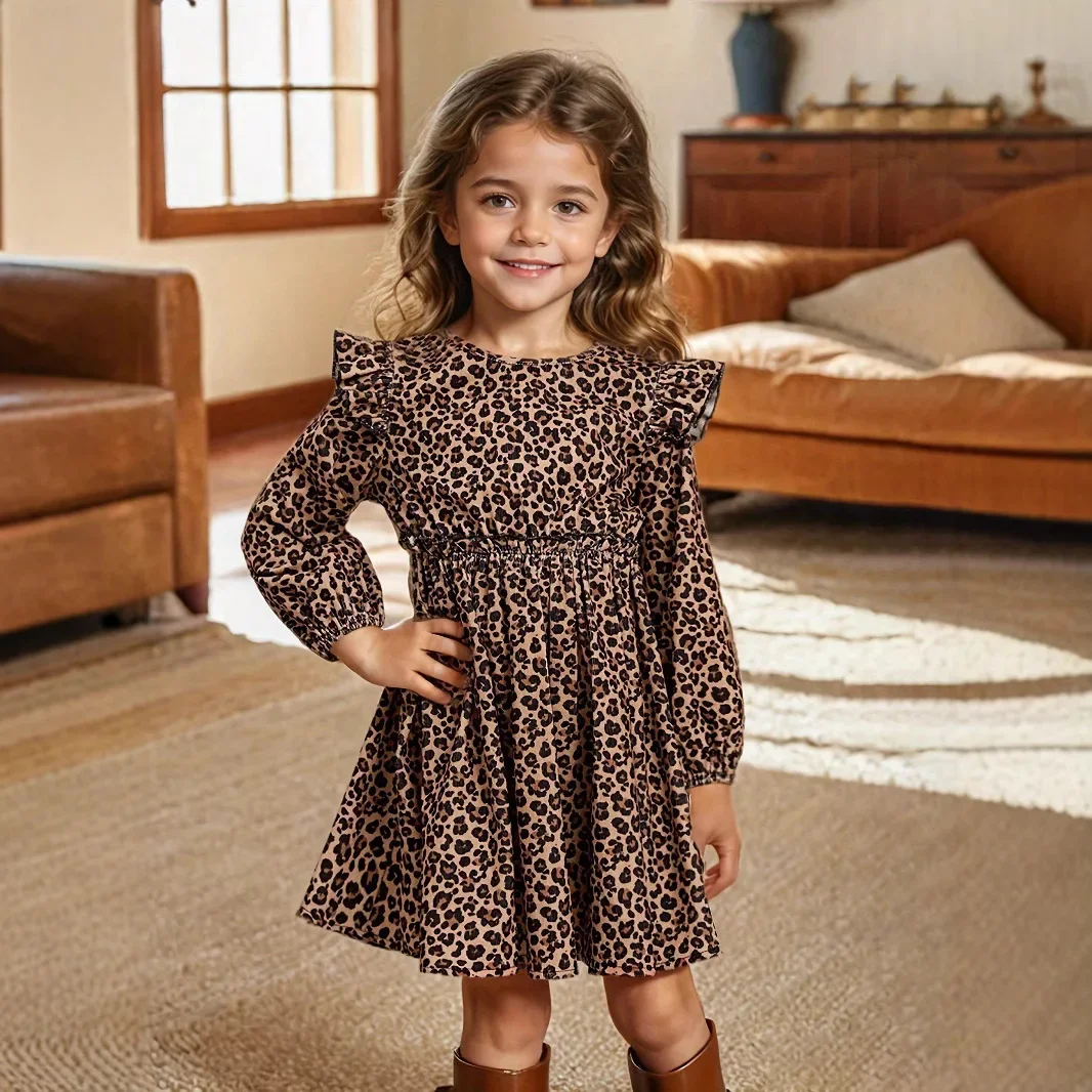 

New 2025 Spring Summer Baby Girls Leopard Print Ruffled Long Sleeve Round Neck Dress Casual Loose Princess Dresses Clothing