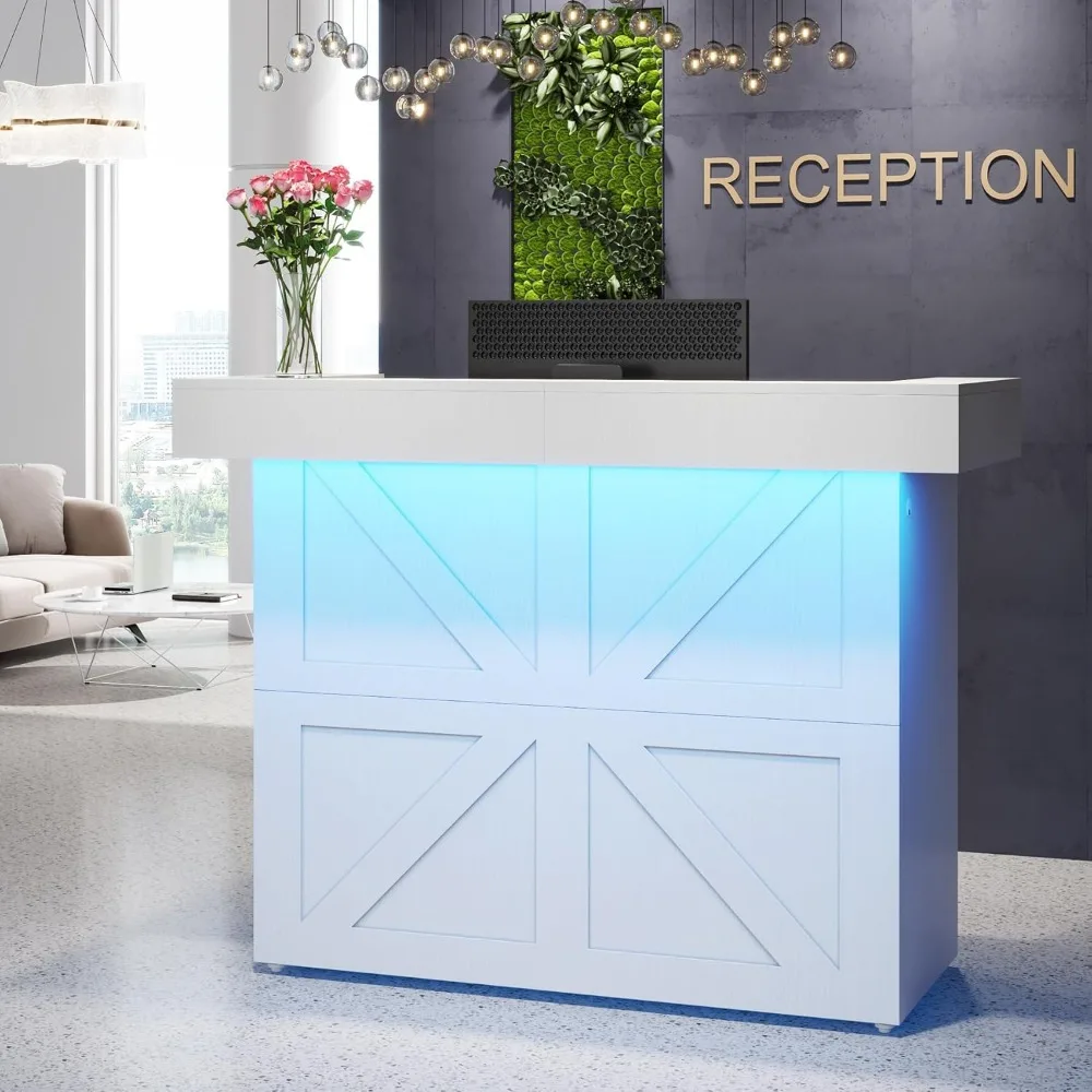 Reception Desk with Light, 55-Inch Front Desk with Cable Grommets, Modern Retail Counter Table for Salon, Lobby, Shop,Reception