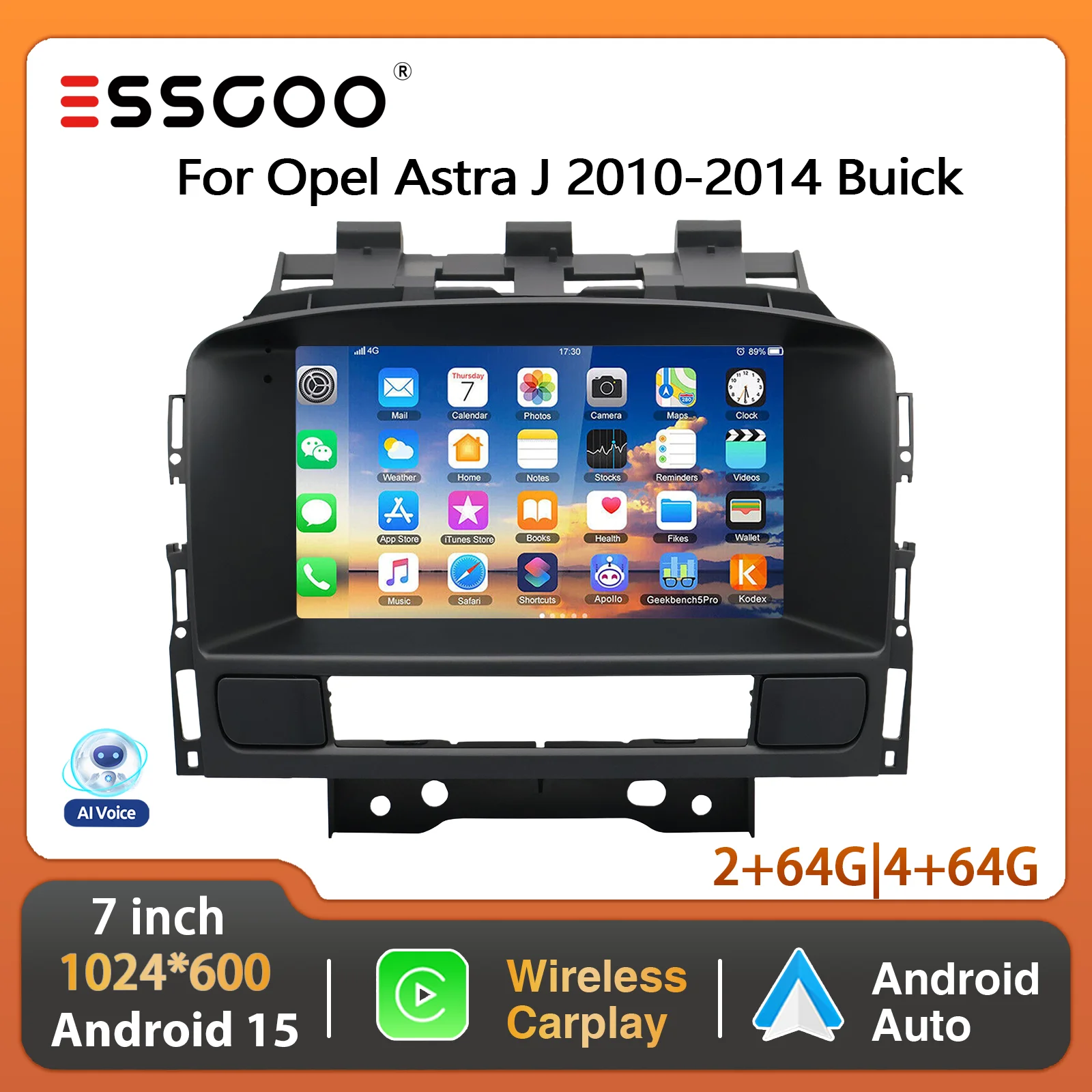 ESSGOO 7" Android 15 64G Autoradio für Opel Astra J 2010-2014 Buick Kabelloses CarPlay Android Auto GPS-Navigation BT Touchscreen