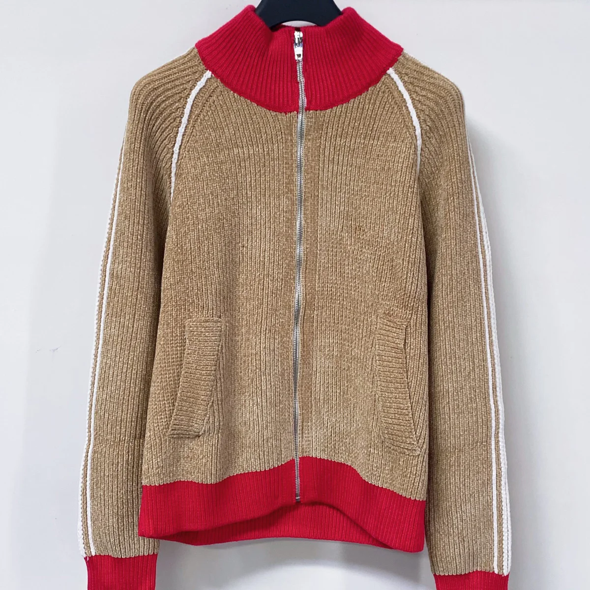 High Quality Women Color Block Half Zip Knit Cardigan, Raglan Sleeve Striped Side Knit Jacket with Pockets lyt261020207