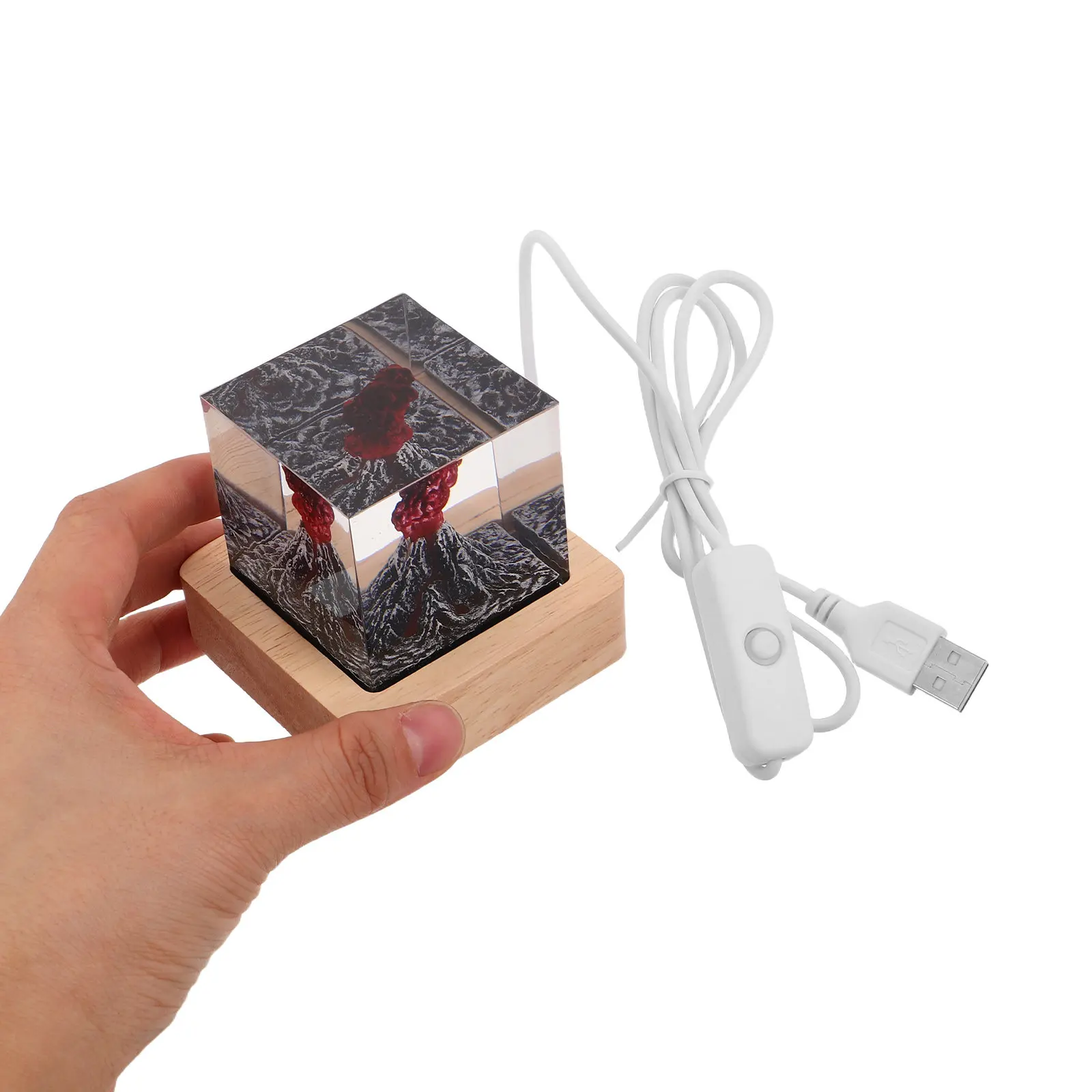 Volcano Cube Night Light Resin Lamp 2x2inch Wooden Base USB Cable Bedroom Office Creative Volcano Table Lamp Gift