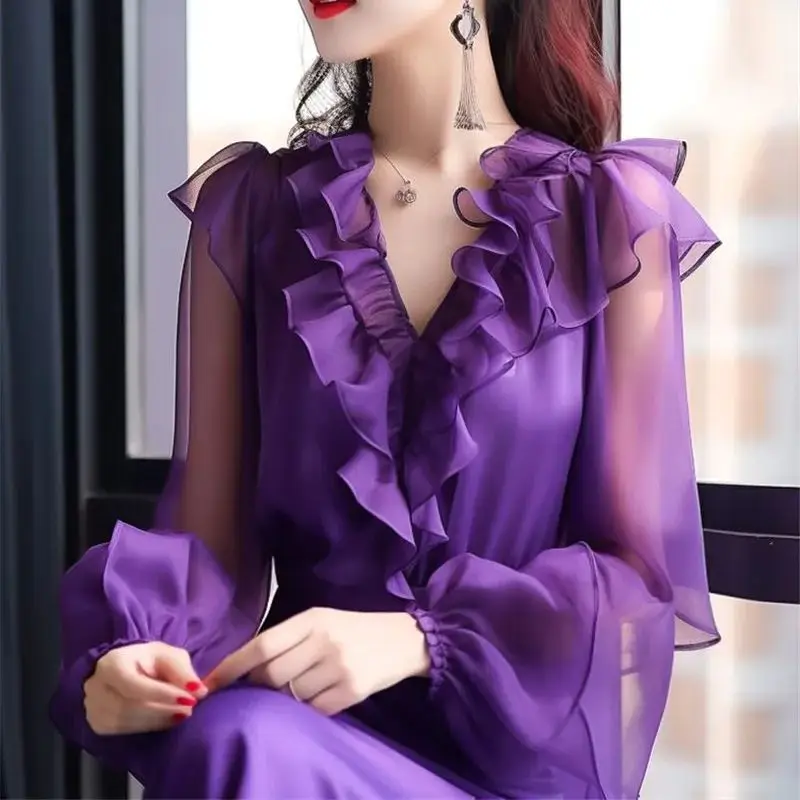 

Women Fashion Lantern Sleeve Soft Tops Chic 857P French Ruffle Chiffon Shirt Spring High-end See Through Purple Blouse