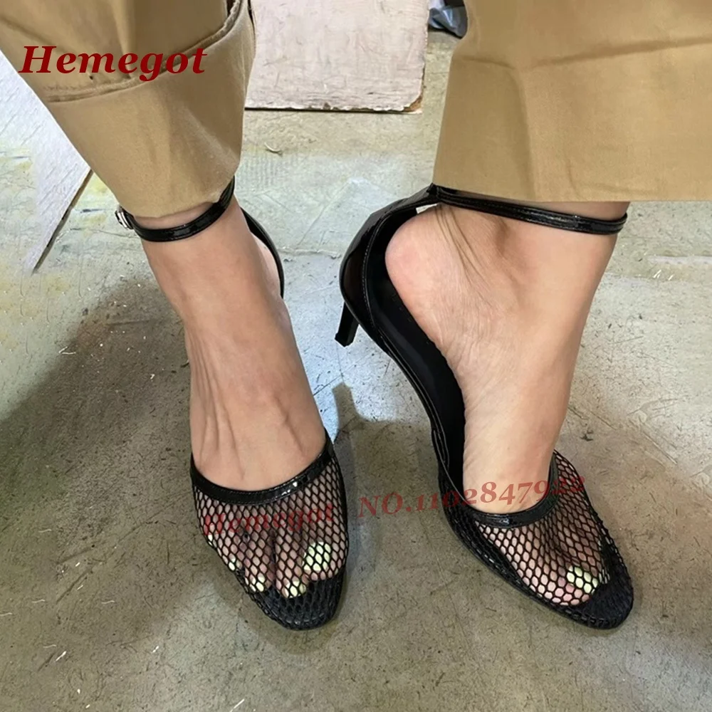 

Hollow Out Air Mesh Sandals Round Toe Slingback Buckled Stiletto Women's Sandals 2025 New Summer High Heels Black Elegant Shoes