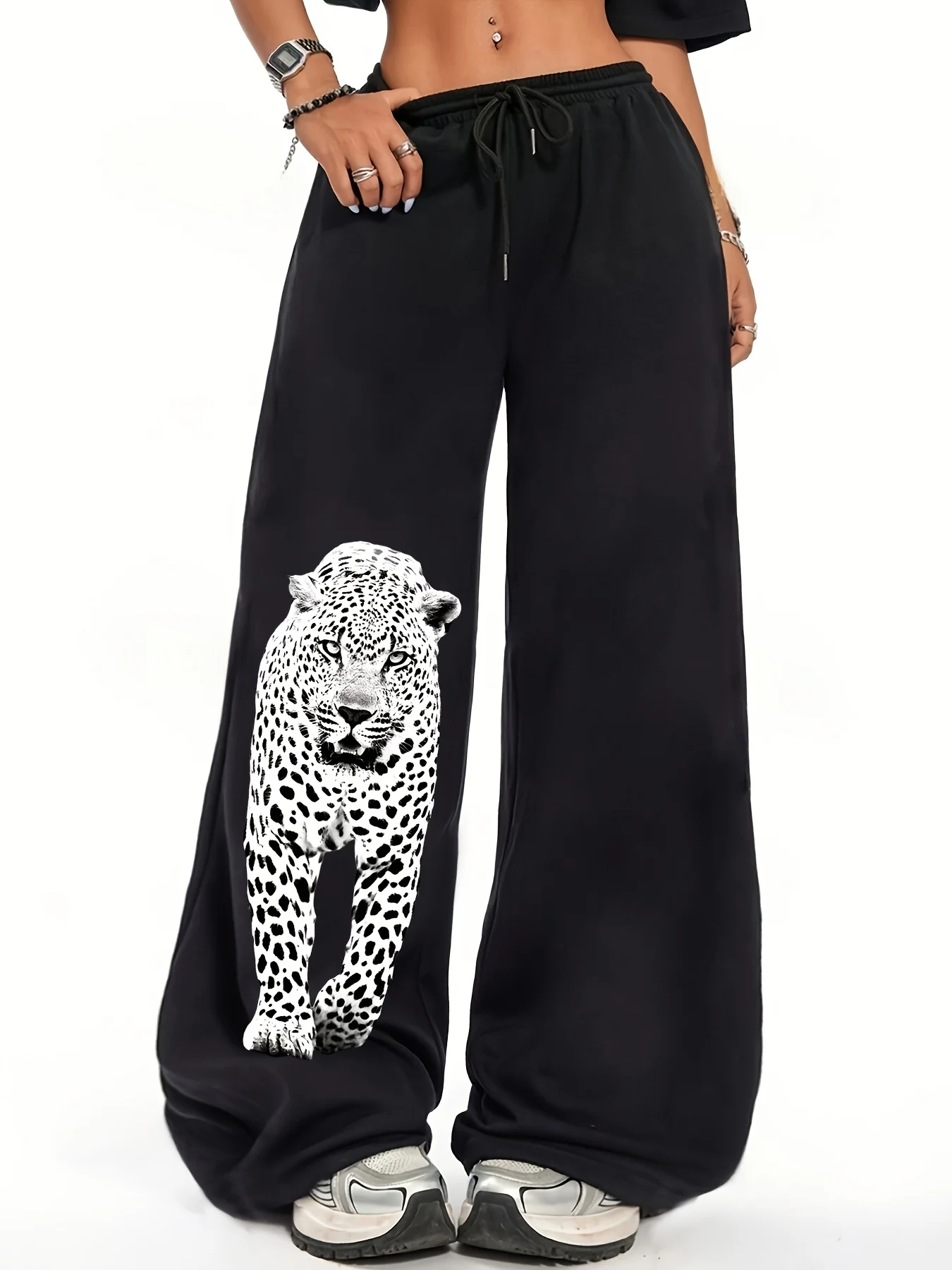 

Realistic Animal Snow Leopard Print Casual Sports Pants, Drawstring Straight Sweatpants, Fashionable Casual Sports Long Pants