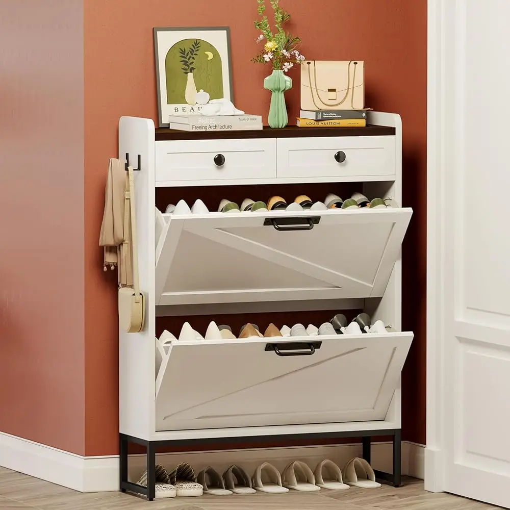 

Hidden Shoe Cabinet Storage For Entryway, Farmhouse Slim Shoes Organizer Ra With 2 Flip Drawers And 2 Fabric Drawers, Narrow