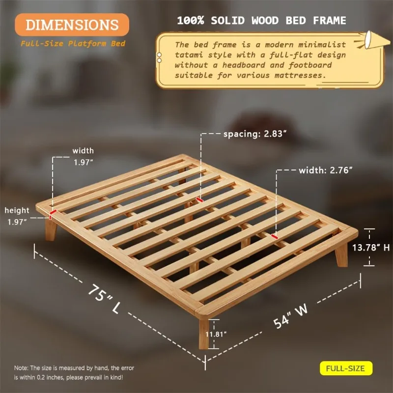 Full Platform Bed Base - 14-inch Solid Wood Mattress Base with Support Slats and Legs, Full Size Rubber Wood Simple Bed Frame