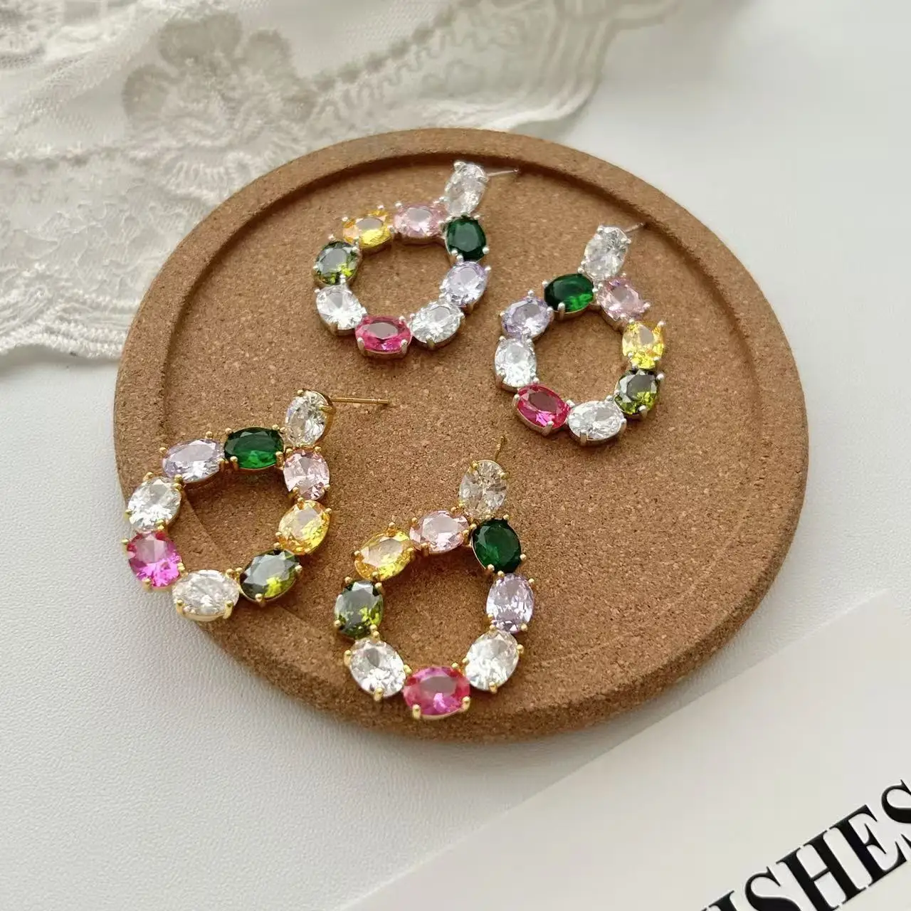 Dopamine color zircon round ring stud earrings women's retro collision color oval colored diamond earrings light luxury temperam