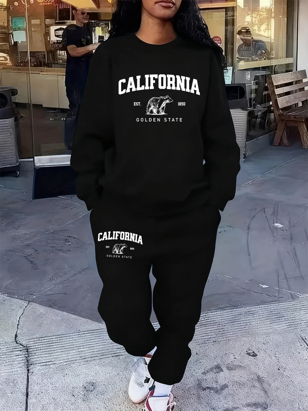 2 قطعة مجموعة هوديي النساء كاليفورنيا الدب 1850 يطبع Sweatpants الخريف جيب فضفاض البلوز سراويل للجري ملابس الصوف غير رسمية