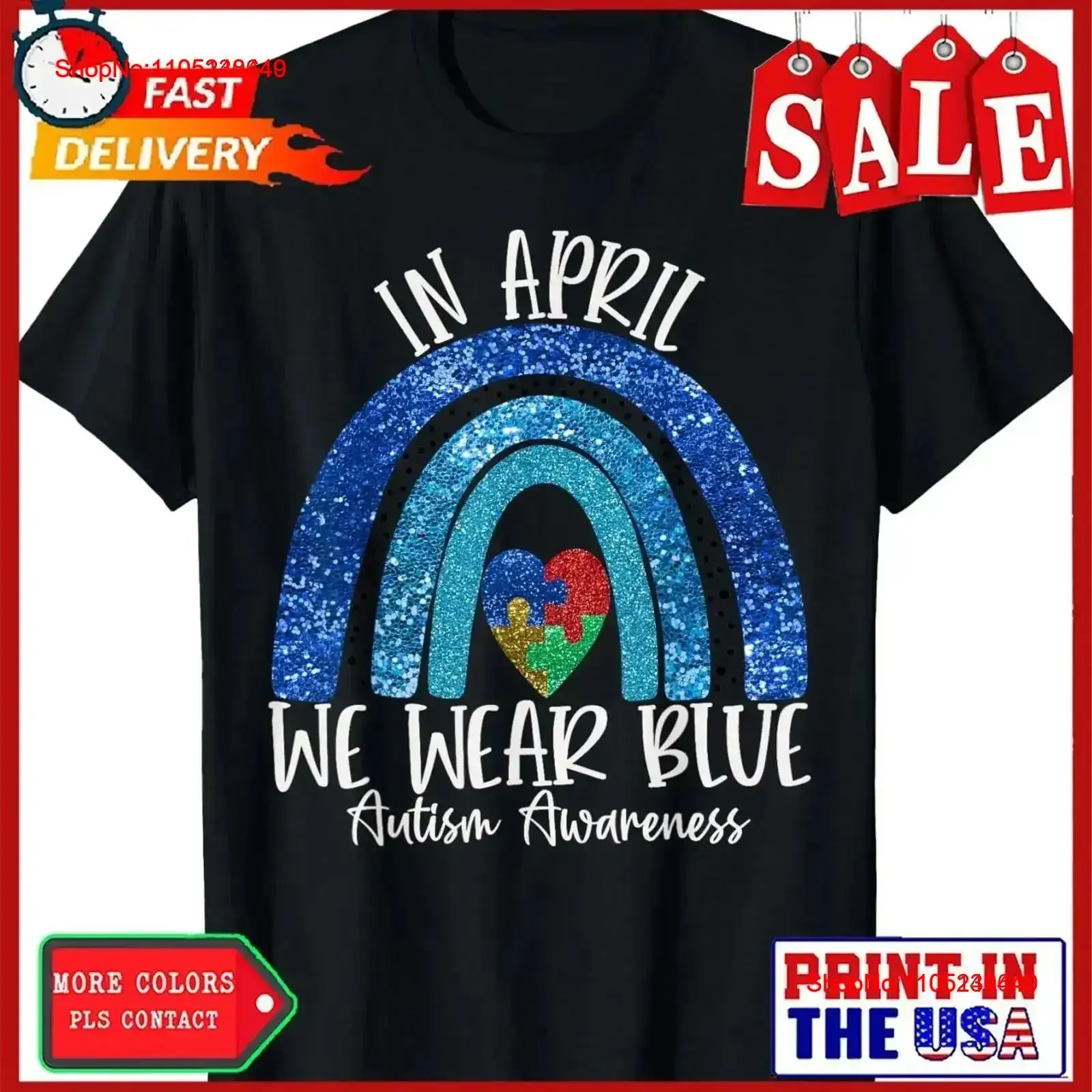 Autism Rainbow In April We Wear Blue Awareness Month T Shirt vintage Washed Casual Slightly Soft Breathable vintage Washed