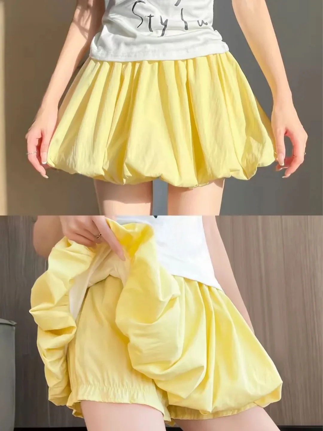 High Waist Unique Bloom Half Skirt Women's Summer Slimming Short Pleated Pure Color Anti-Light Puffy  Skirt Commute Style
