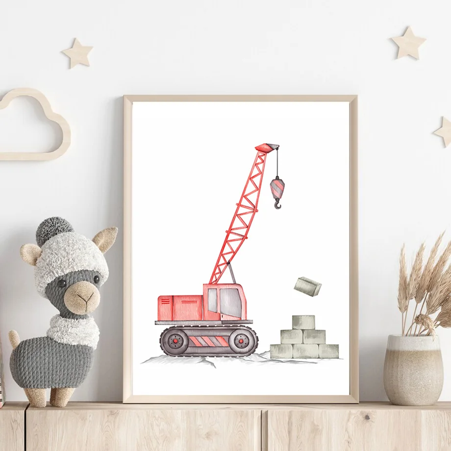 Nordic Canvas Painting Kids Room Decor Road Roller Dump Truck Excavator Bulldozer Crane Wall Art Cartoon Poster Print