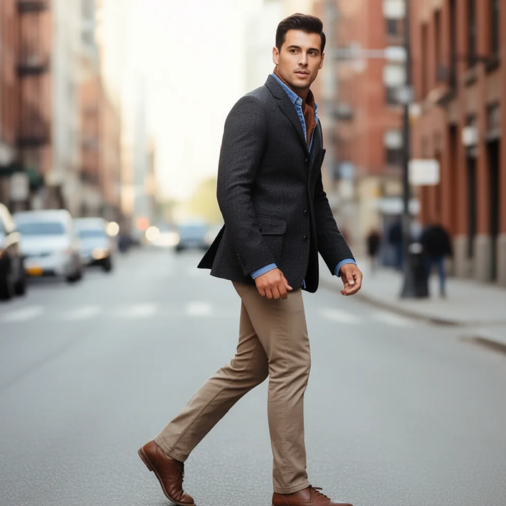 

Men's Brown Fishbone Tweed Blazer Suit Single Breasted Two-Button Business Smoking Dance Coat Woolen Terno Male Dress