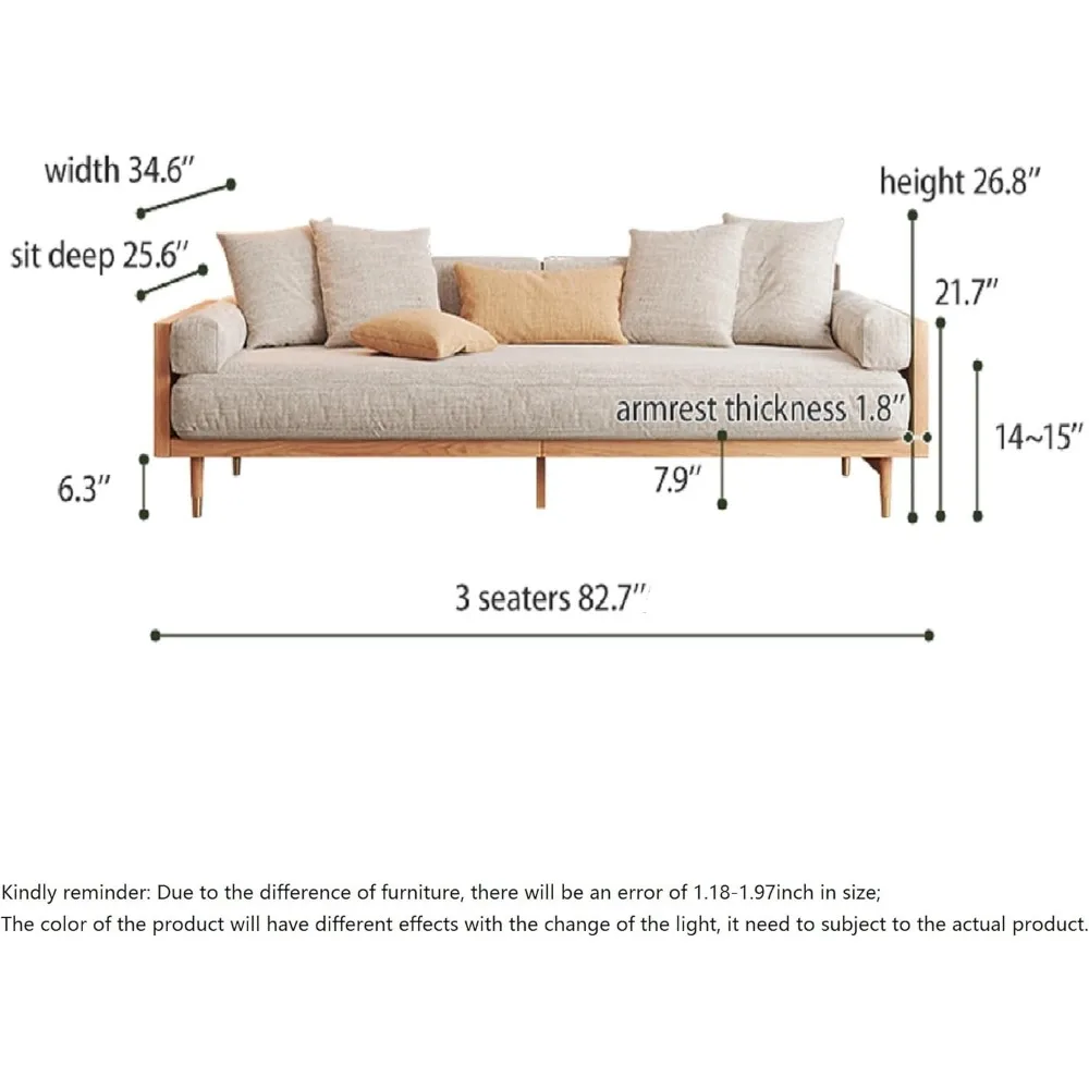 Modern 3 Seater Sofa, Upholstered Linen Fabric Sofa, Chinese Style Sofa with Solid Wood Frame Large Sofa for Living Room