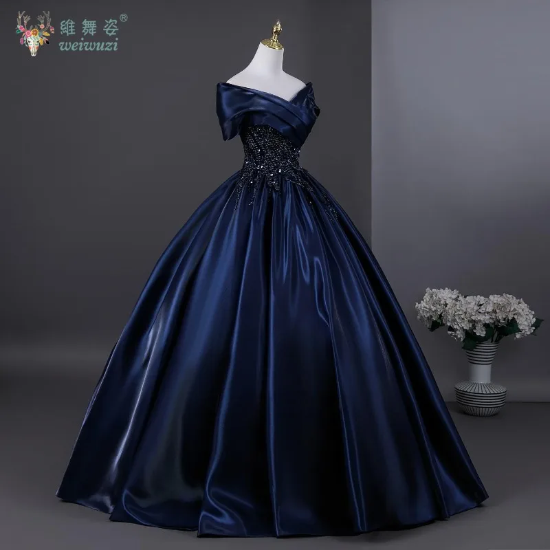 Exquisite marineblaue Pailletten-Applikationen für den Abend, Abschlussball, Prinzessin, Geburtstag, bauschig, A-Linie, Satin-Ball, Bühnenperformance-Kostüm im Vintage-Stil