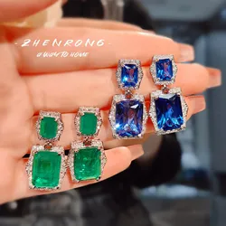 New Aesthetic Geometric Design Green/Blue Cubic Zirconia Drop Earring For Women Silver Color Wedding Trend Eternity Love Jewelry