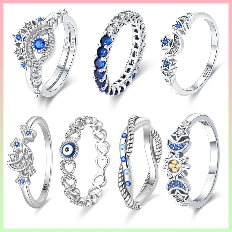 Anillo de mujer de plata 925 con circonita azul, estrella, Luna, compromiso, boda, romántico, Día de San Valentín, regalo de joyería exquisito