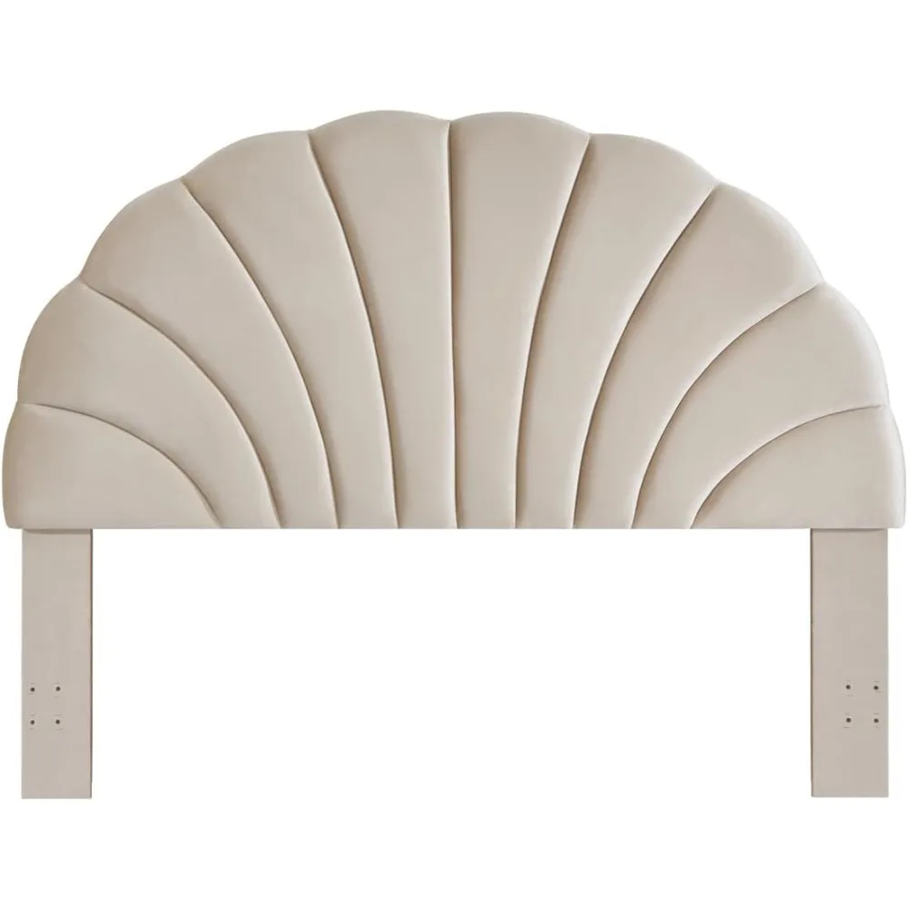 Stunning Crown Design King Headboard, Upholstered Soft Velvet Petal Pattern Headboard King/CA King-Beige