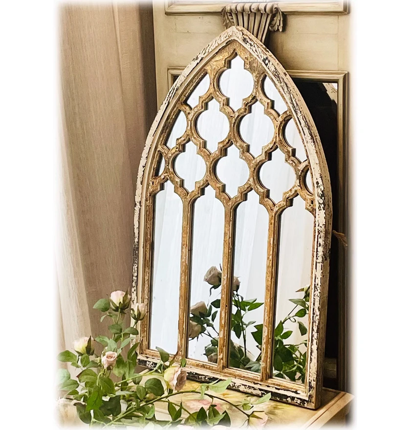 Cathedral Window Frame, Church Wall Decor, Window Frame Wall Decor, Farmhouse Window Frame, Wood Arch Window with Mirror