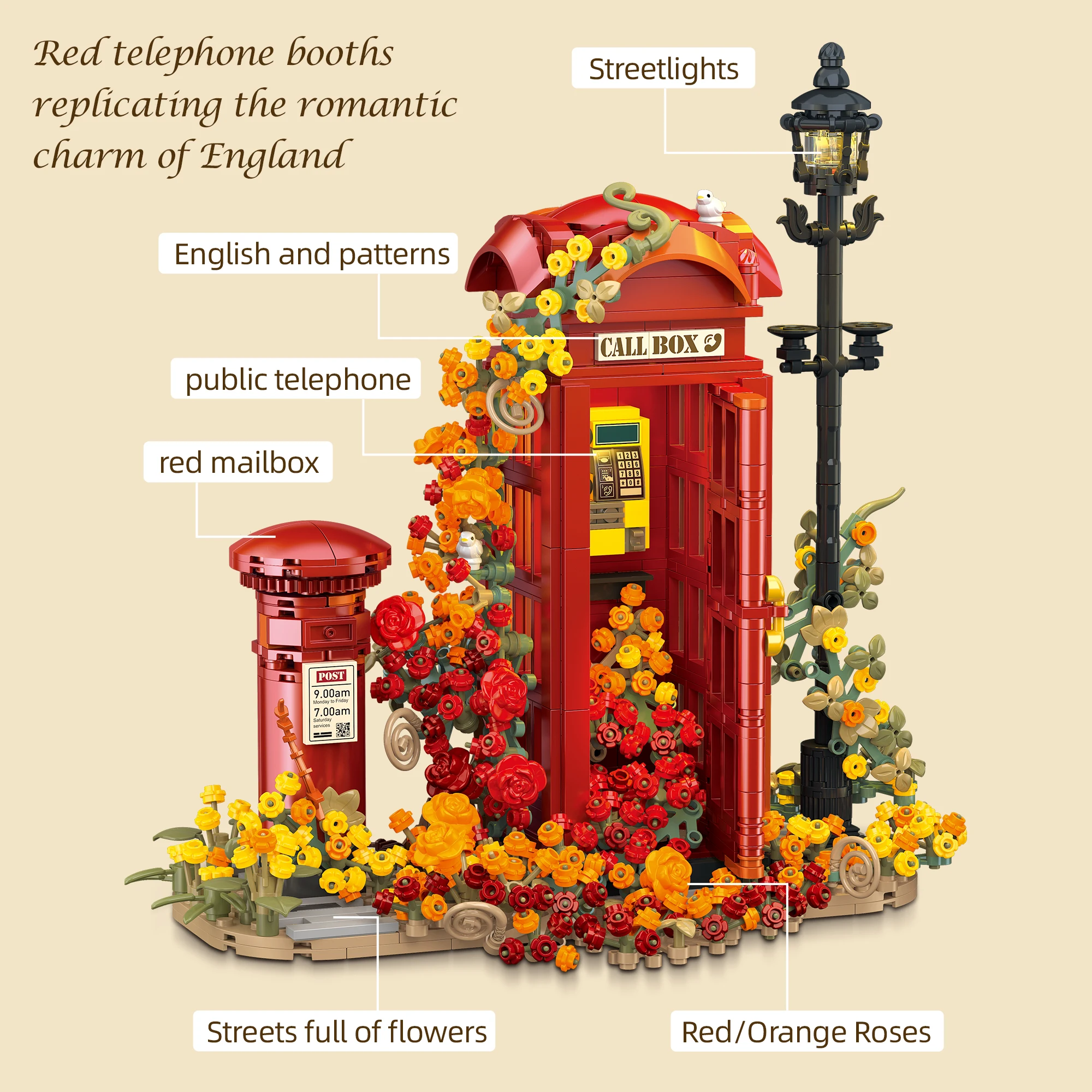 

European Telephone Booth Building Blocks LED Light MOC DIY Assembly Street Scene Model Desktop Home Decor Gift Kids Adults