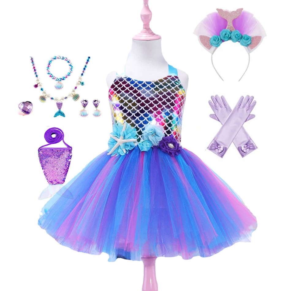 

Mermaid Costumes for Girl Kids Tutu Fancy Dress Birthday Party Halloween Clothes Princess Flower Headbands Dress