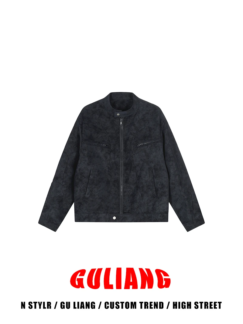 

Guliang American Street Retro Motorcycle PU Leather Jaet ort Sle for Men And Women Couples Match Outerwear Coat