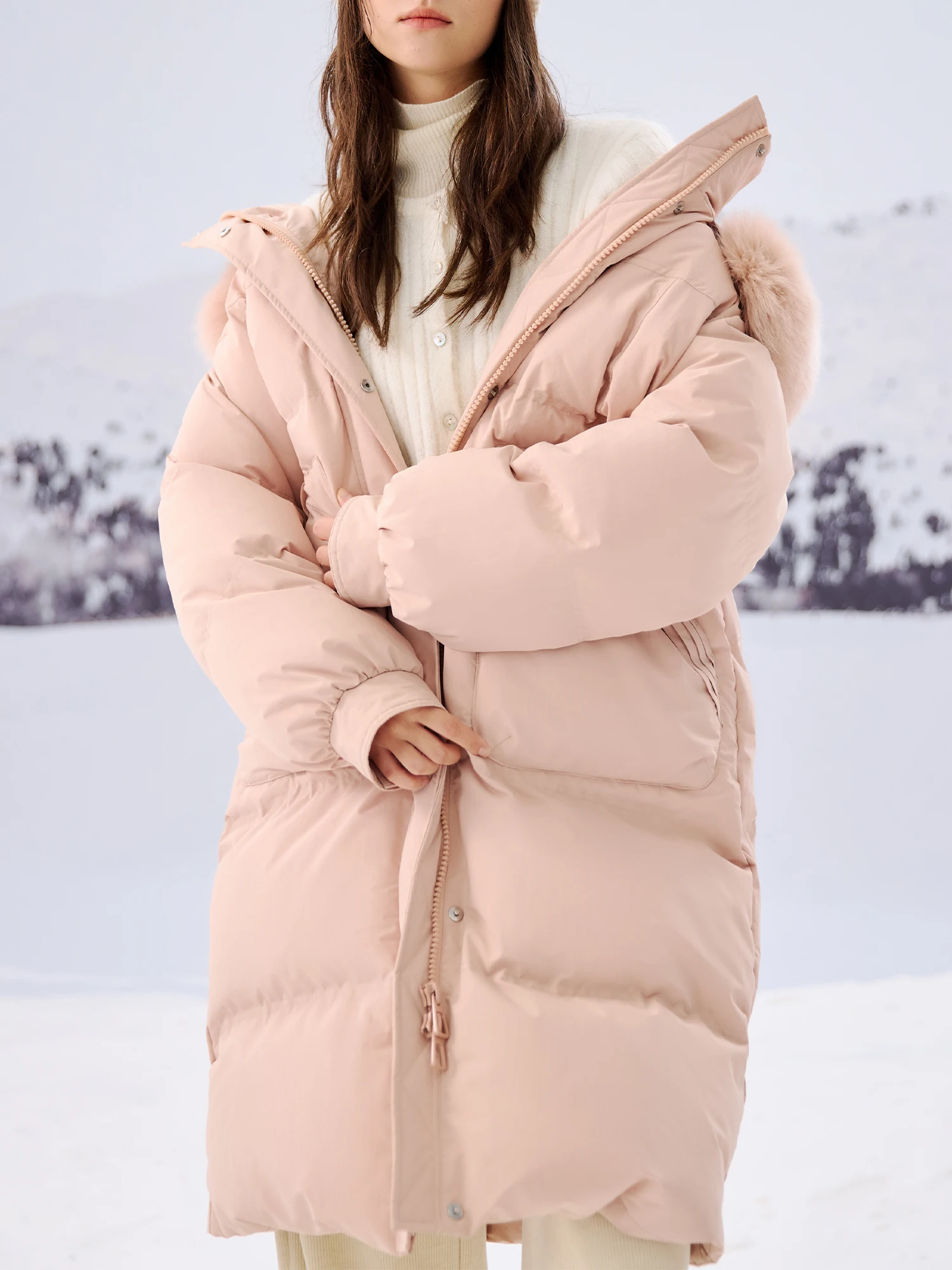 ZIQIAO【2 Colors】Women Fox Fur Collar Down Jacket Winter Long Black All-Match Down Coats Pink Gentle Style Winter Coat 24ZQ94056