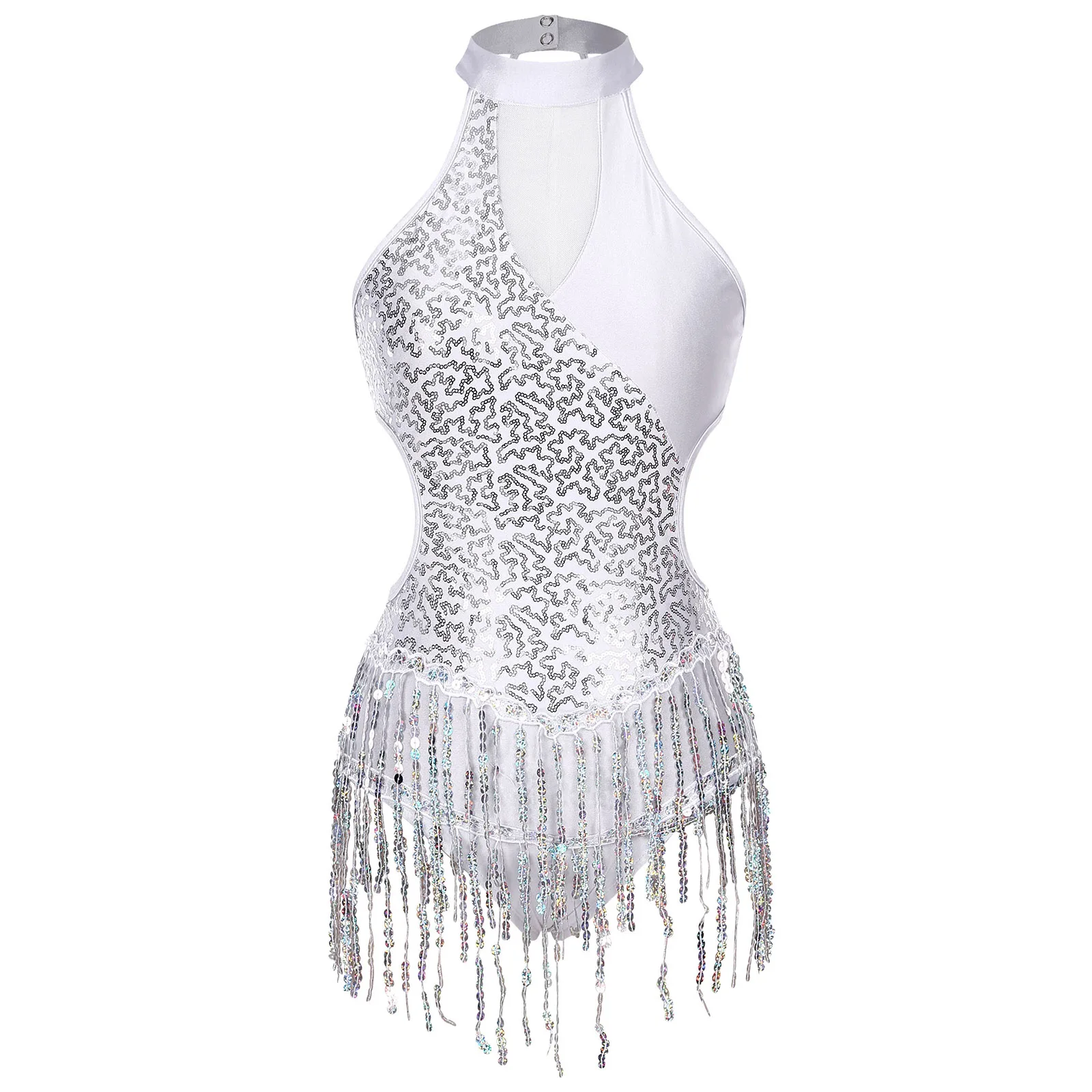 Womens Latin Cha-Cha Ballet Dance Performance Costume Sparkling Sequin Bodysuit Sleeveless Fringed Gymnastics Leotard Dancewear