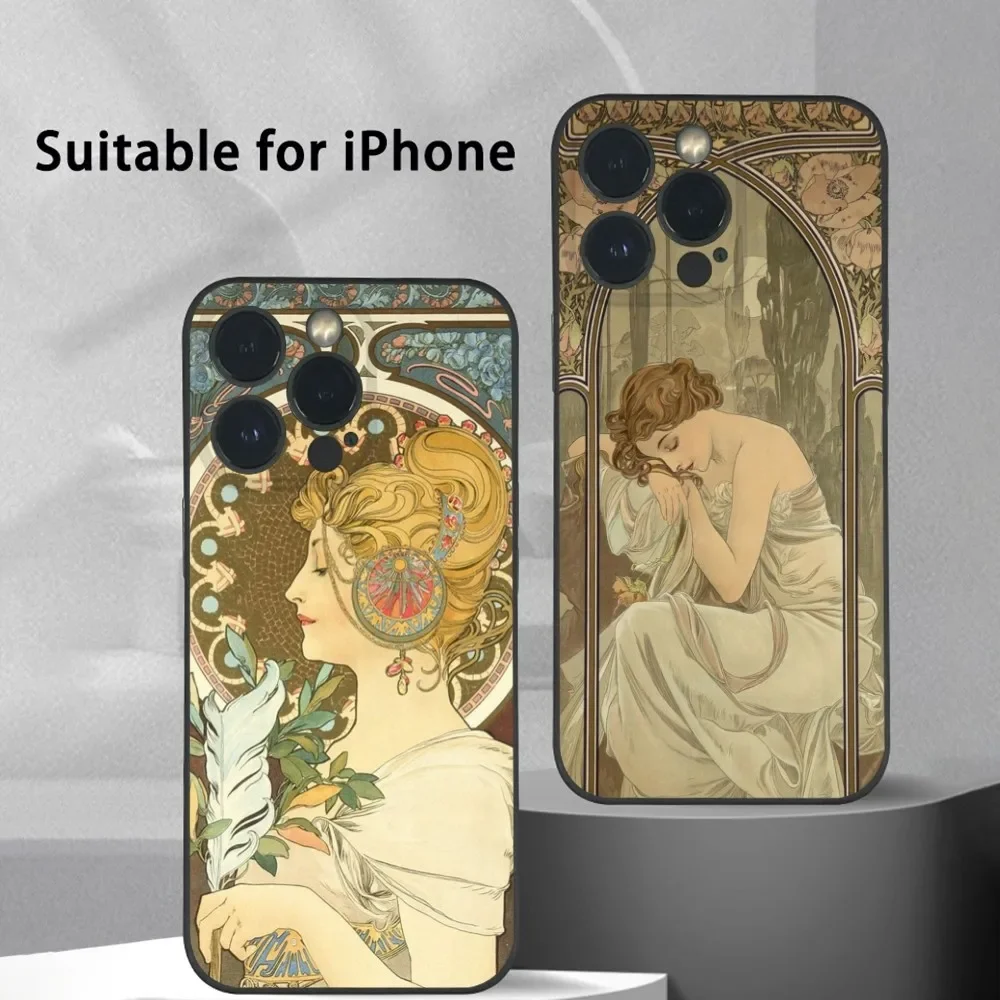 Alphonse Mucha Art Phone Case For IPhone 16 15 14 13 12 11 Pro Max Plus Mini Frosted Soft Shell Funda