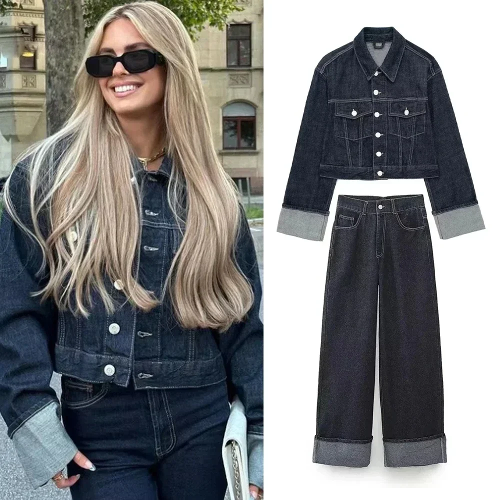 New Fashion Women 2 Piece Set Turn Down Collar Single Breasted Rolled Sleeves Denim Jacket+Elegant Rolled Hems Streetwear Jeans