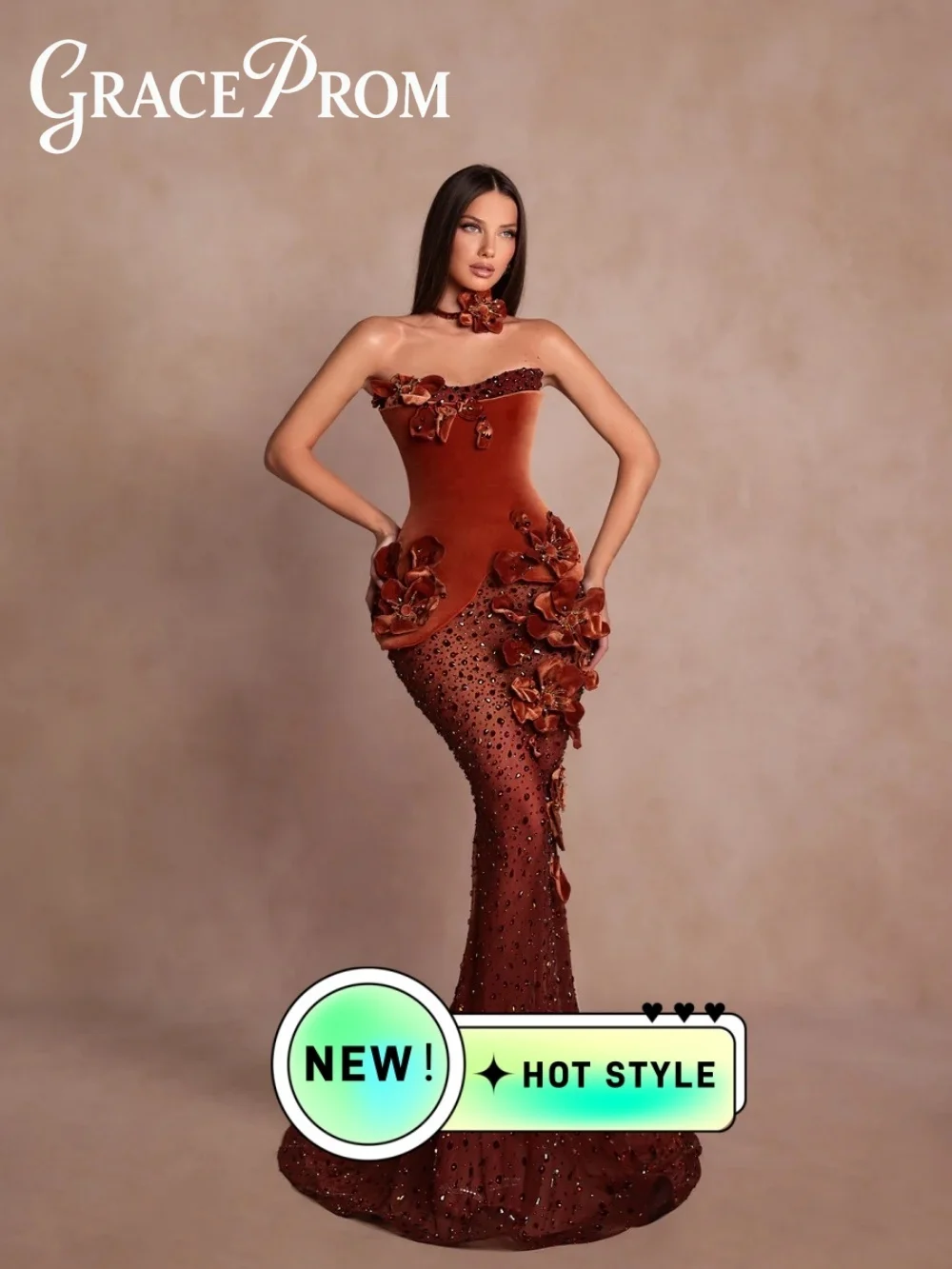 GraceProm Luxurious Rust Evening Dress 2026 Trendy Velvet-Floral Carpet Gown Fashion A-Line Floor-Length Party Gown فساتين سهرة
