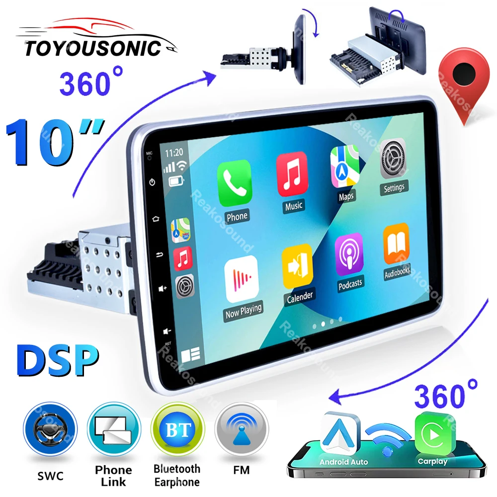 Автомагнитола TOYOUSONIC, 1 din, Android, 10 дюймов, поворот на 360 °, сенсорный экран, мультимедийный плеер, Wi-Fi, GPS, USB, BT