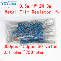 300pcs/150pcs 30 value Metal film resistor pack set 1% dip resistors 0.5W 1W 2W 3W diy electronic kit (0.1 ohm ~750 ohm )