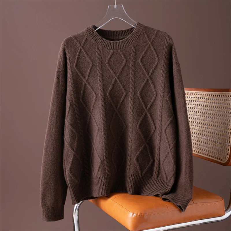 

Женский вязаный свитер из 100% натуральной шерсти коричневого цвета с круглым вырезом и длинными рукавами, теплый топ на осень-зиму M1480