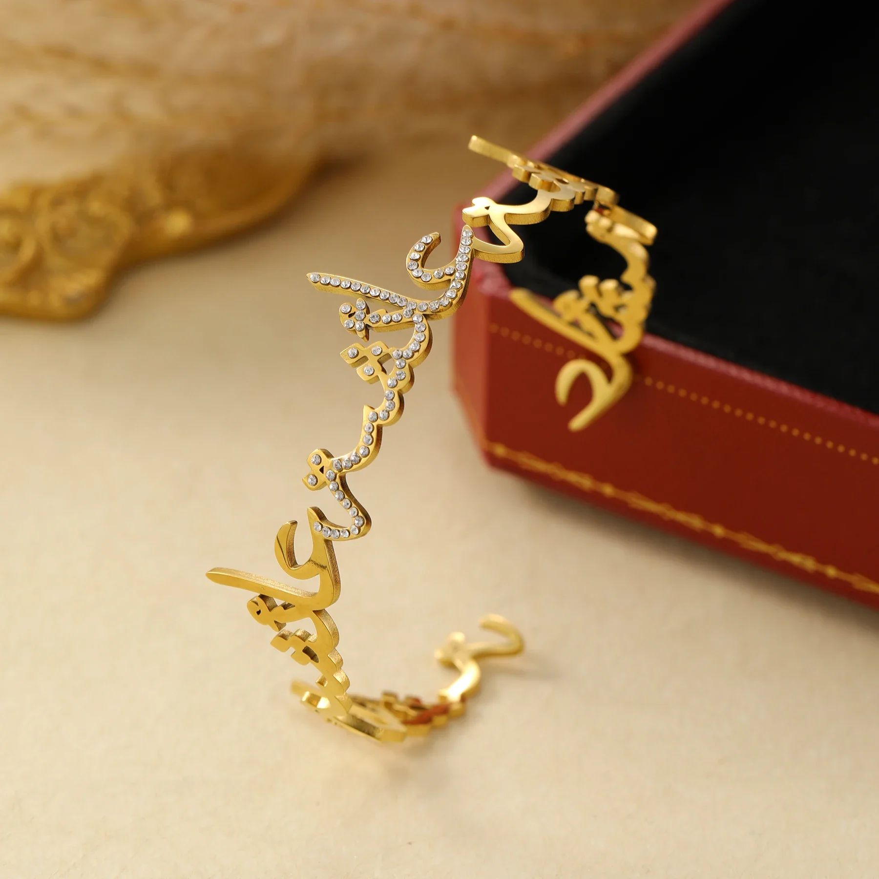 Customized Arabic Name Bracelet Personalization Name Diamond Bangle Open 18K Gold Plated Islamic Gift for Women Eid Jewelry - view 2
