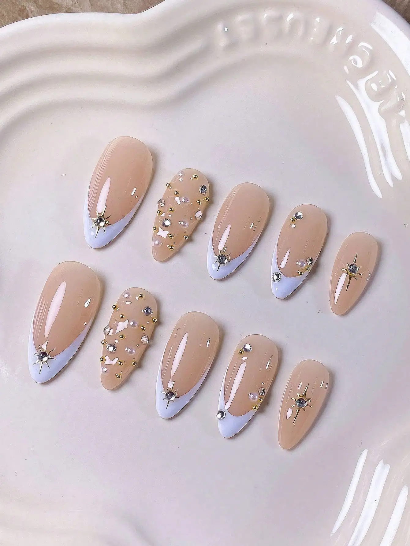 10 قطع من المسامير النقية المصنوعة يدويًا على شكل لوز مع أطراف فرنسية بيضاء، خرز فولاذي لؤلؤي، ص ذهبي على شكل نجمة ثلاثية الأبعاد #5