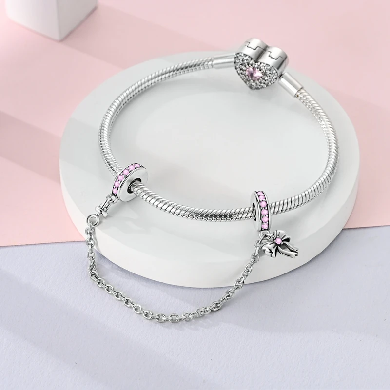 Original 925 Sterling Silver Safety Chain Charms Golden Bow Snowflakes Infinite Love Safety Chain Fit Bracelet Jewelry Making