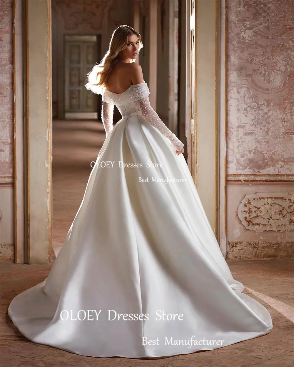 OLOEY Luxury A-Line Satin Lace US Lady Wedding Dresses Off Shoulder Three quarter Floor length Sweep Train Bridal Gowns