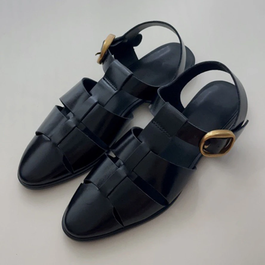 

Withered Retro Casual andals Women Comfortable Simple Flat Roman S French Fashion Blogger Metal Buckle Leather Hollow Sandals