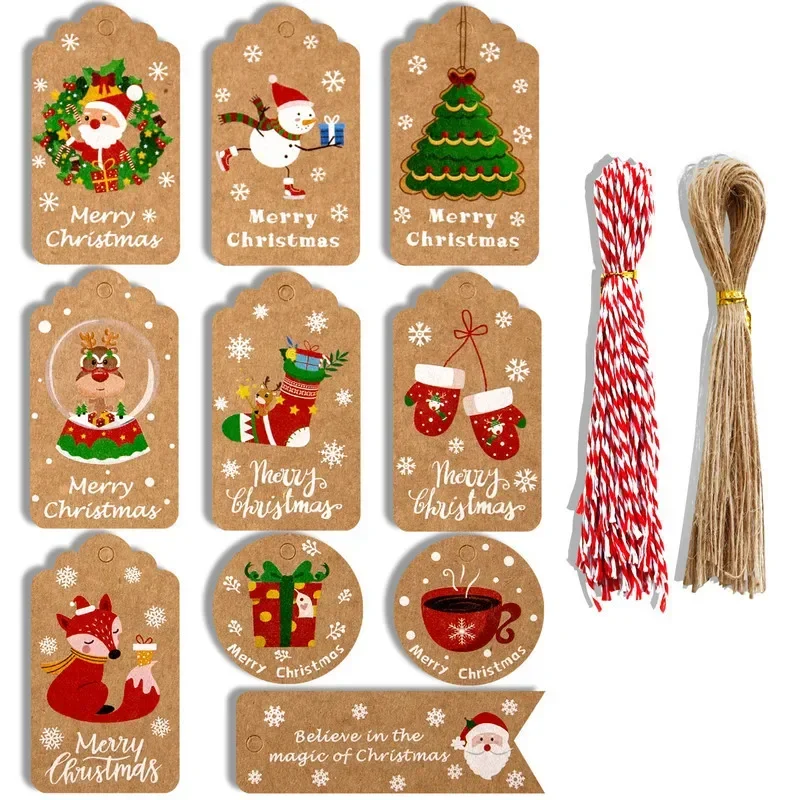 50pcs/set Christmas Hanging Labels Snowman Santa Elk  Kraft Paper Cards Gift Wrapping Tags Home Party Christmas Tree Decorations