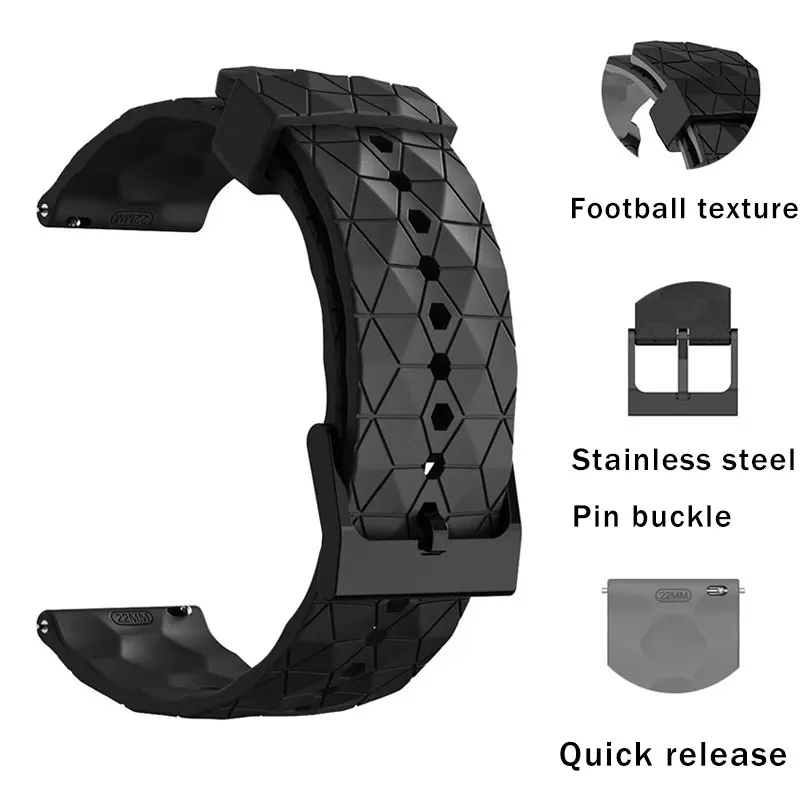 20mm 22mm Sport Silicone Watchband Watch Strap Black Men Waterproof Diving Rubber Wrist Band Football Grain Bracelet Accessories