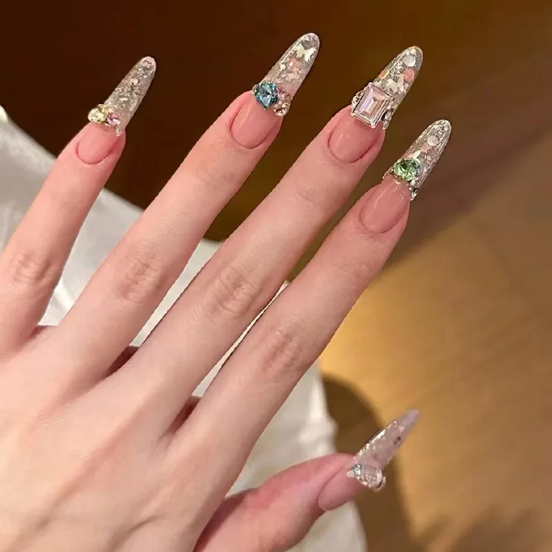 30 pieces of long almond shaped press on nails French sparkling diamond fake nails with 1 sheet of nail glue and 1 nail file